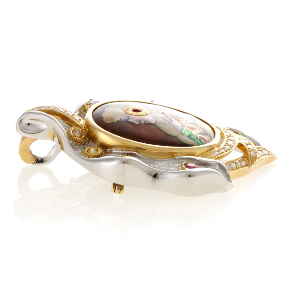 【作家】梶光夫 エマーユ ペンダント ブローチ 18金 K18イエローゴールド ダイヤモンド 1.12ct ルビー 中古 美品