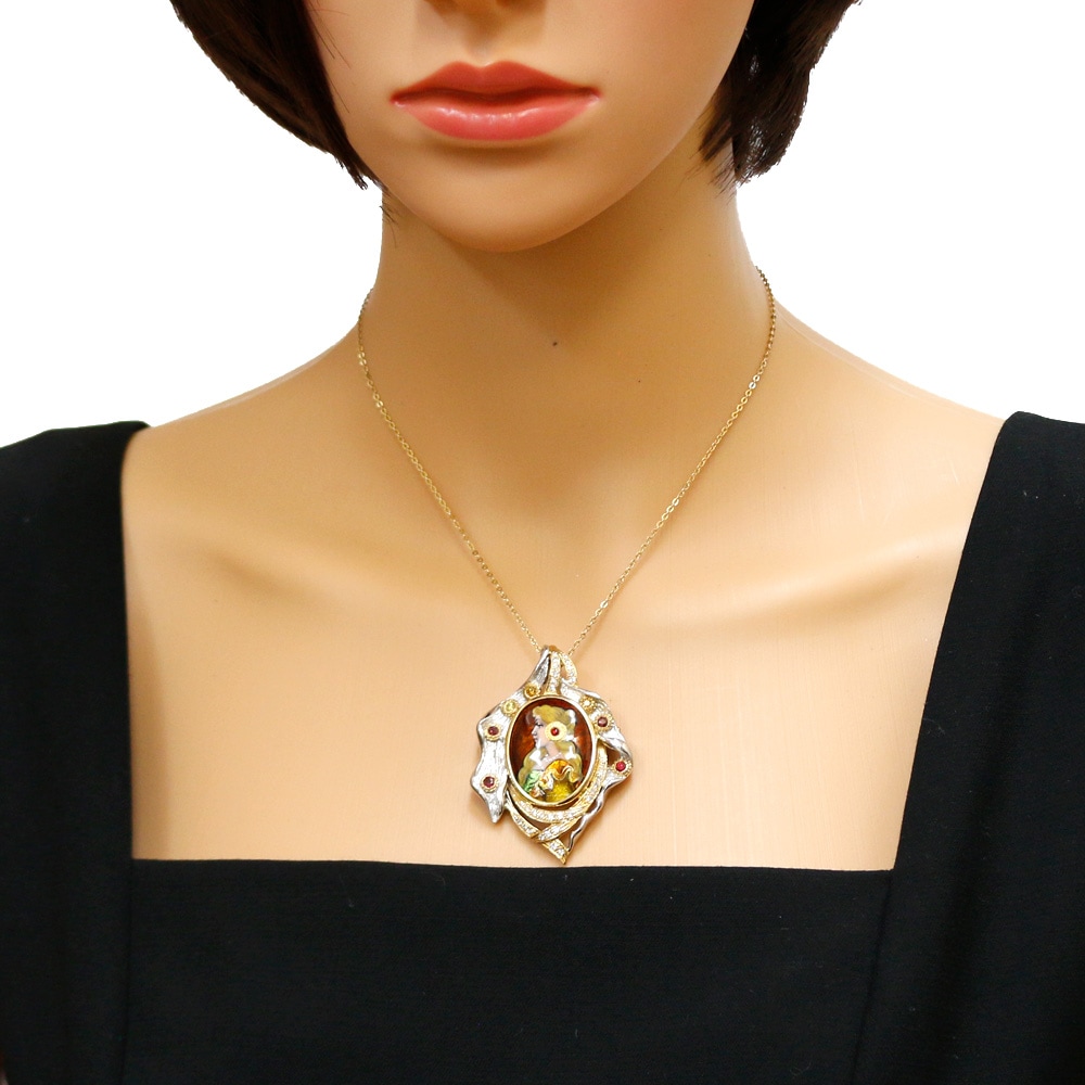 【作家】梶光夫 エマーユ ペンダント ブローチ 18金 K18イエローゴールド ダイヤモンド 1.12ct ルビー 中古 美品