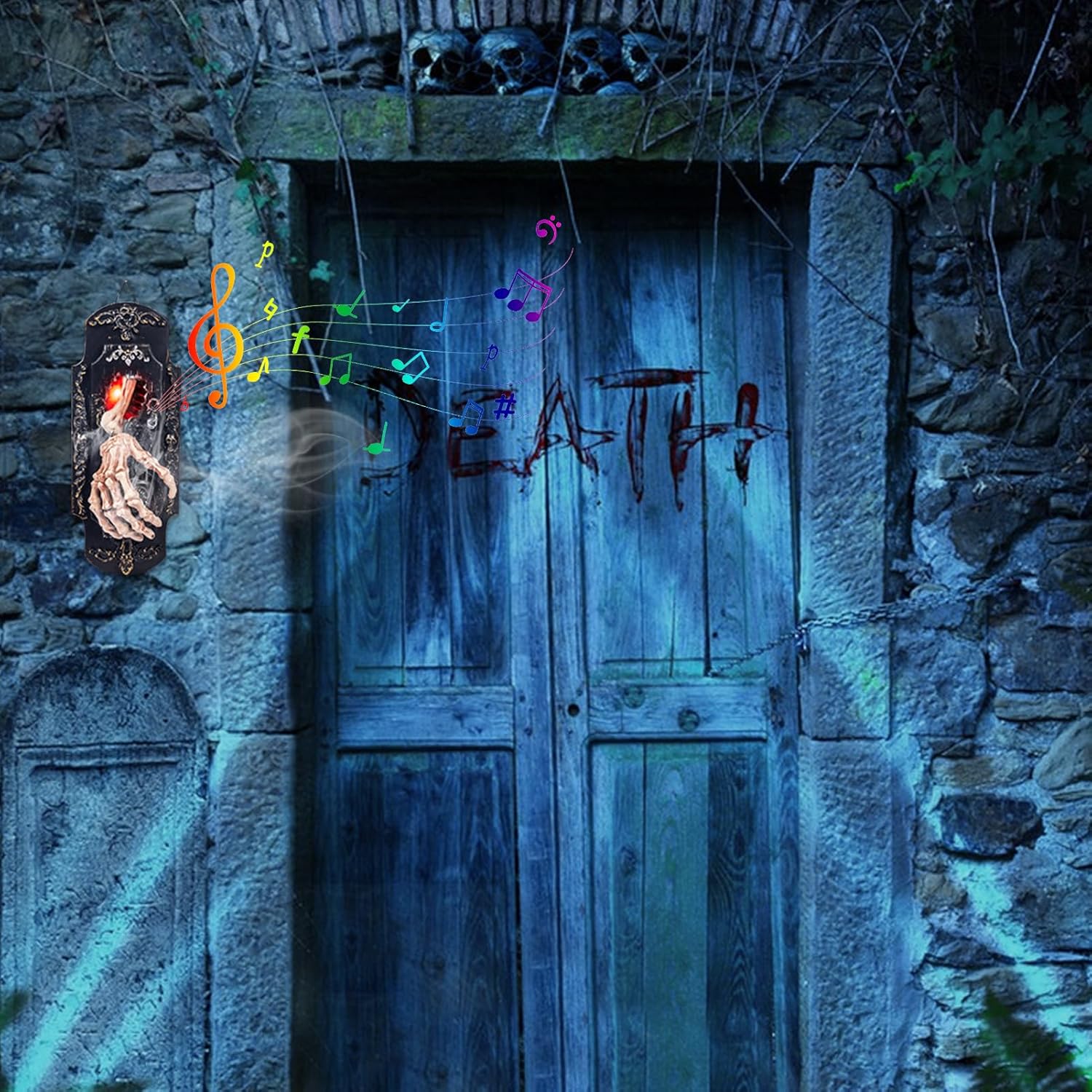 ドアベル ハロウィン飾り 玄関チャイム 呼び出しチャイム スケルトン 手 お化け屋敷 肝試し 小道具 ライト付き 音声付き 電池式 LED ホラー 怖い グッズ 装飾 発光 飾りライト 屋外 室内 電