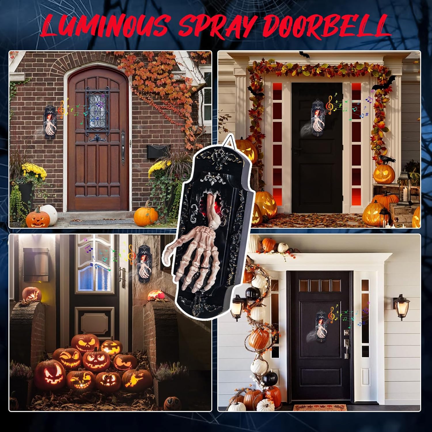 ドアベル ハロウィン飾り 玄関チャイム 呼び出しチャイム スケルトン 手 お化け屋敷 肝試し 小道具 ライト付き 音声付き 電池式 LED ホラー 怖い グッズ 装飾 発光 飾りライト 屋外 室内 電