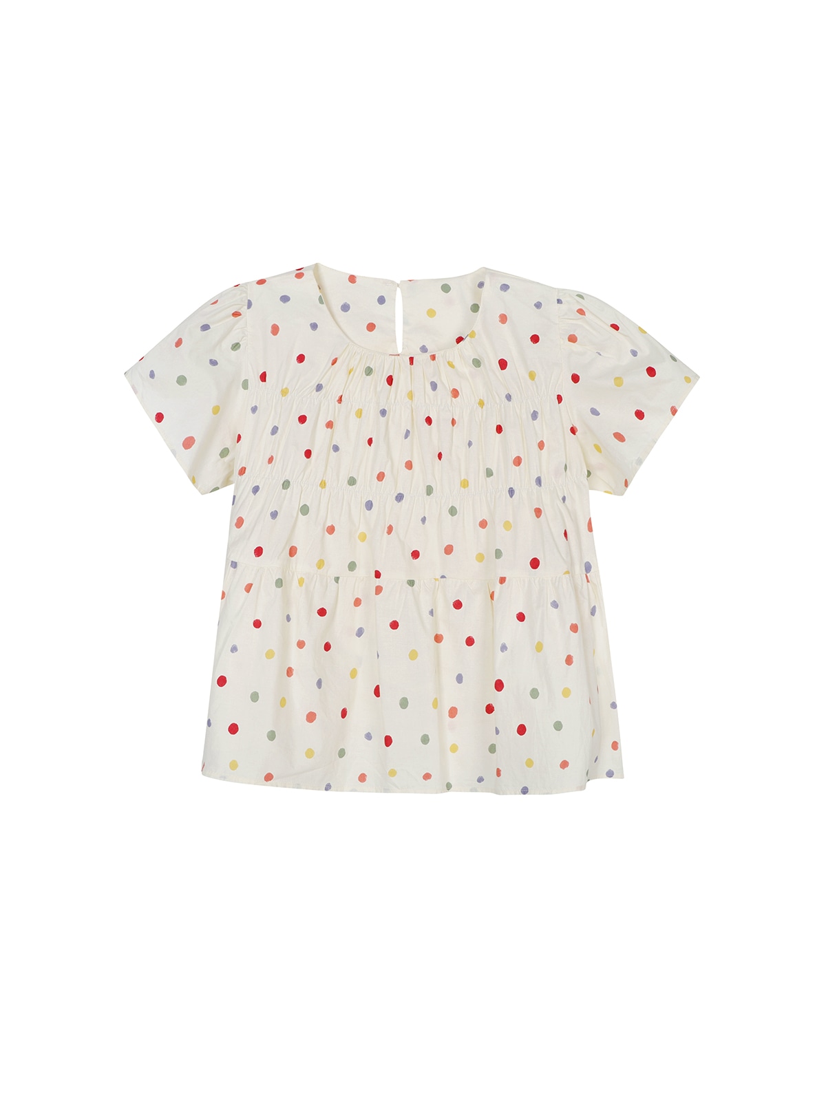 韓国の甘いカラフルな水玉シャツ女性用2024夏ラウンドネックプリーツゆったり痩身年齢軽減トップス