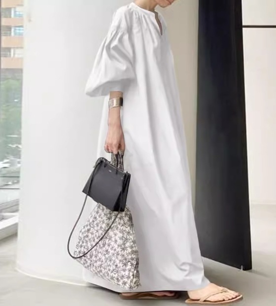 レディース ワンピース プルオーバー ロング マキシ 5分袖 ボリューム袖 バルーン袖 ランタンスリーブ ポケット リネン 綿 コットン 大人可愛い シンプル カジュアル 上品 おしゃれ かっこいい