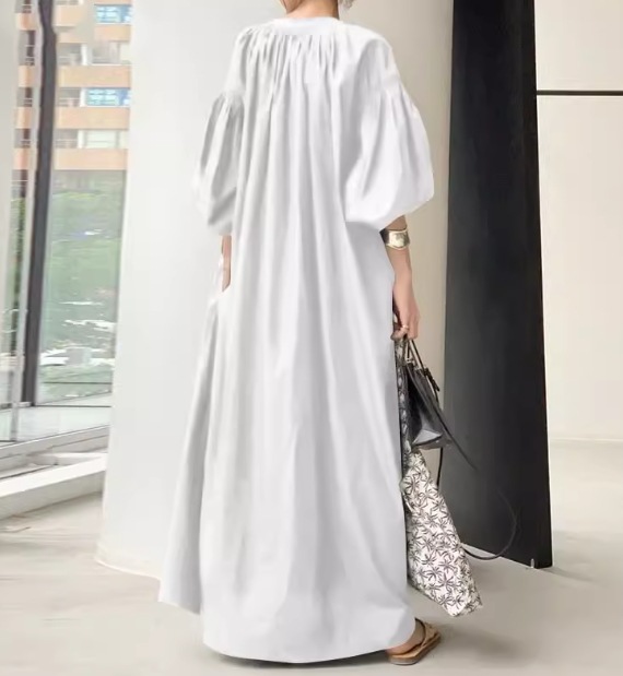 レディース ワンピース プルオーバー ロング マキシ 5分袖 ボリューム袖 バルーン袖 ランタンスリーブ ポケット リネン 綿 コットン 大人可愛い シンプル カジュアル 上品 おしゃれ かっこいい