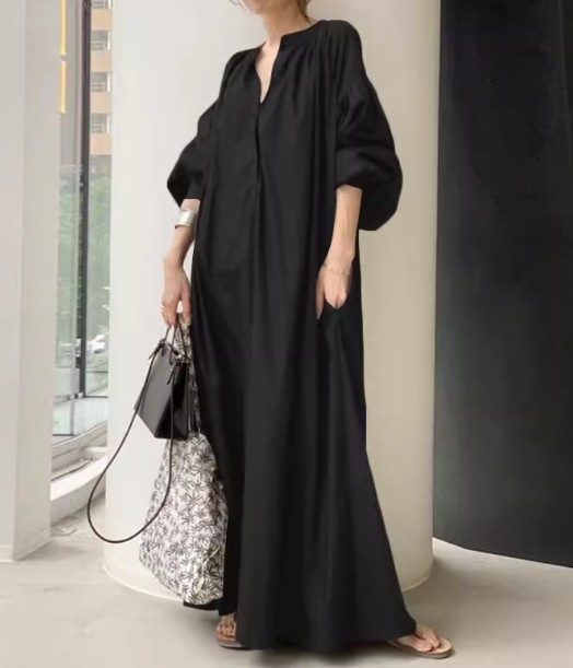 レディース ワンピース プルオーバー ロング マキシ 5分袖 ボリューム袖 バルーン袖 ランタンスリーブ ポケット リネン 綿 コットン 大人可愛い シンプル カジュアル 上品 おしゃれ かっこいい