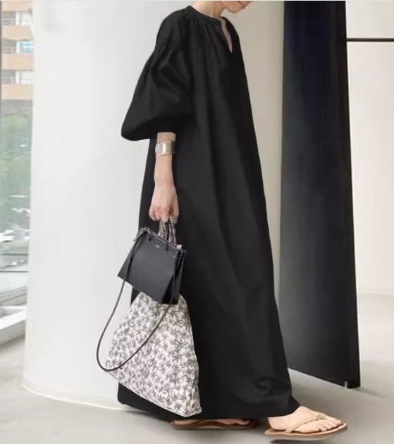 レディース ワンピース プルオーバー ロング マキシ 5分袖 ボリューム袖 バルーン袖 ランタンスリーブ ポケット リネン 綿 コットン 大人可愛い シンプル カジュアル 上品 おしゃれ かっこいい