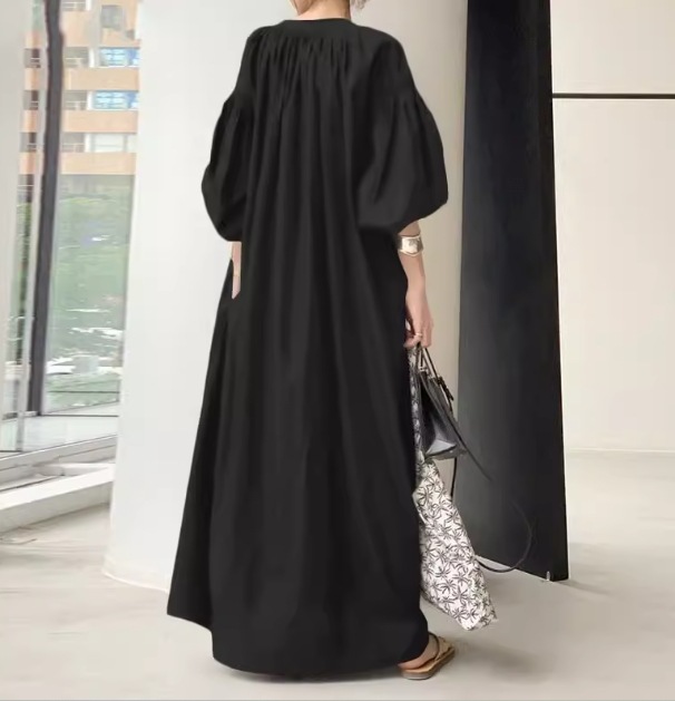 レディース ワンピース プルオーバー ロング マキシ 5分袖 ボリューム袖 バルーン袖 ランタンスリーブ ポケット リネン 綿 コットン 大人可愛い シンプル カジュアル 上品 おしゃれ かっこいい