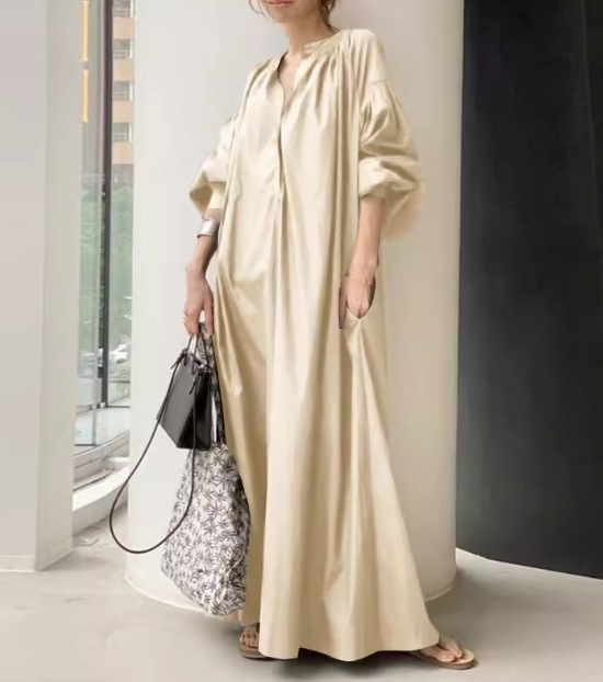 レディース ワンピース プルオーバー ロング マキシ 5分袖 ボリューム袖 バルーン袖 ランタンスリーブ ポケット リネン 綿 コットン 大人可愛い シンプル カジュアル 上品 おしゃれ かっこいい