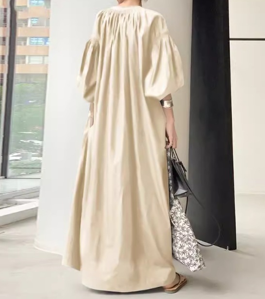 レディース ワンピース プルオーバー ロング マキシ 5分袖 ボリューム袖 バルーン袖 ランタンスリーブ ポケット リネン 綿 コットン 大人可愛い シンプル カジュアル 上品 おしゃれ かっこいい