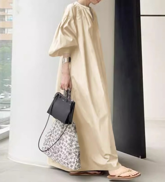 レディース ワンピース プルオーバー ロング マキシ 5分袖 ボリューム袖 バルーン袖 ランタンスリーブ ポケット リネン 綿 コットン 大人可愛い シンプル カジュアル 上品 おしゃれ かっこいい