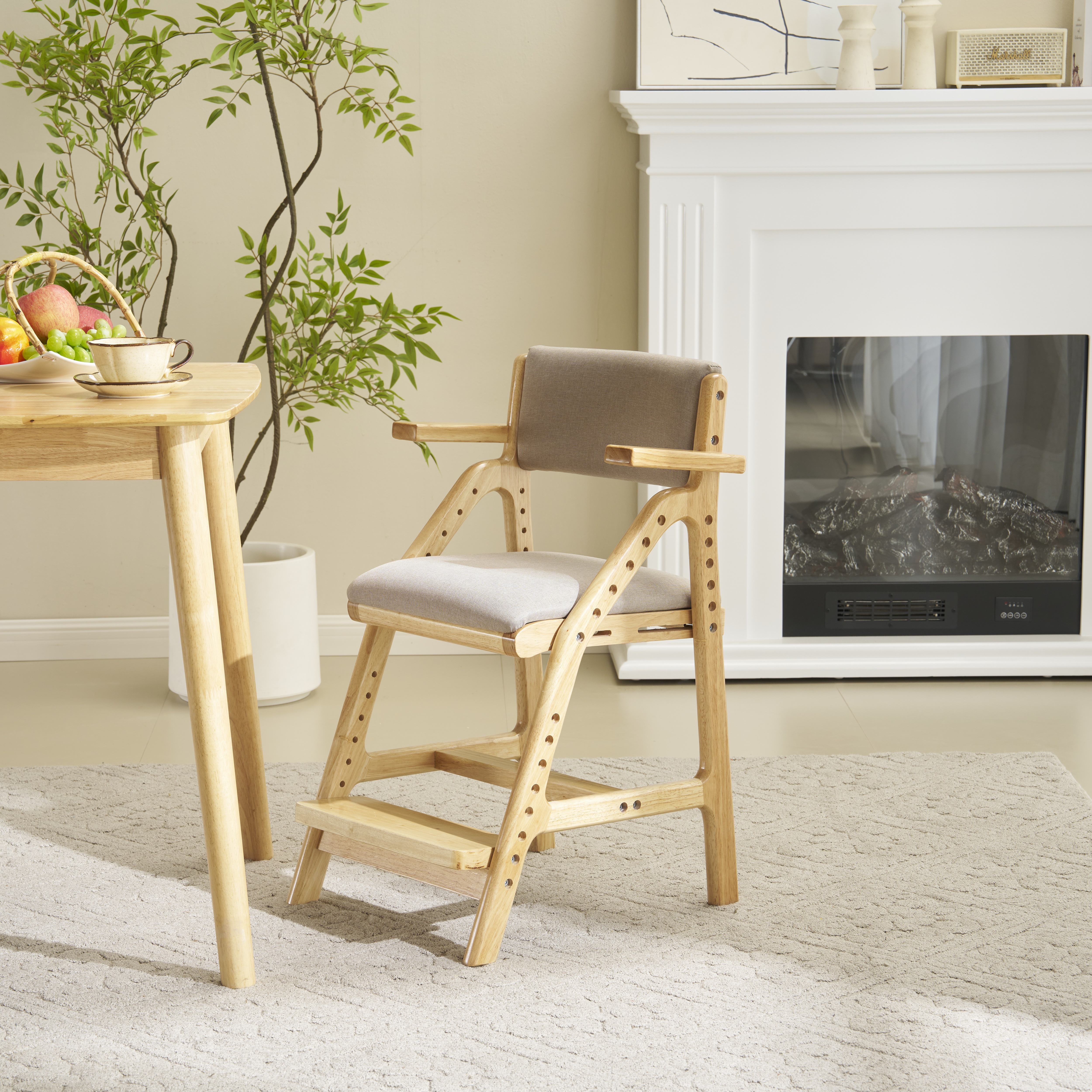 [国内即発送]ライトブラウン 肘あり　学習チェア 学習椅子 木製 姿勢 子供 キッズチェア ハイチェア ダイニングチェア 椅子 高さ調整 シンプル コンパクト 組立て 板座 足置き368