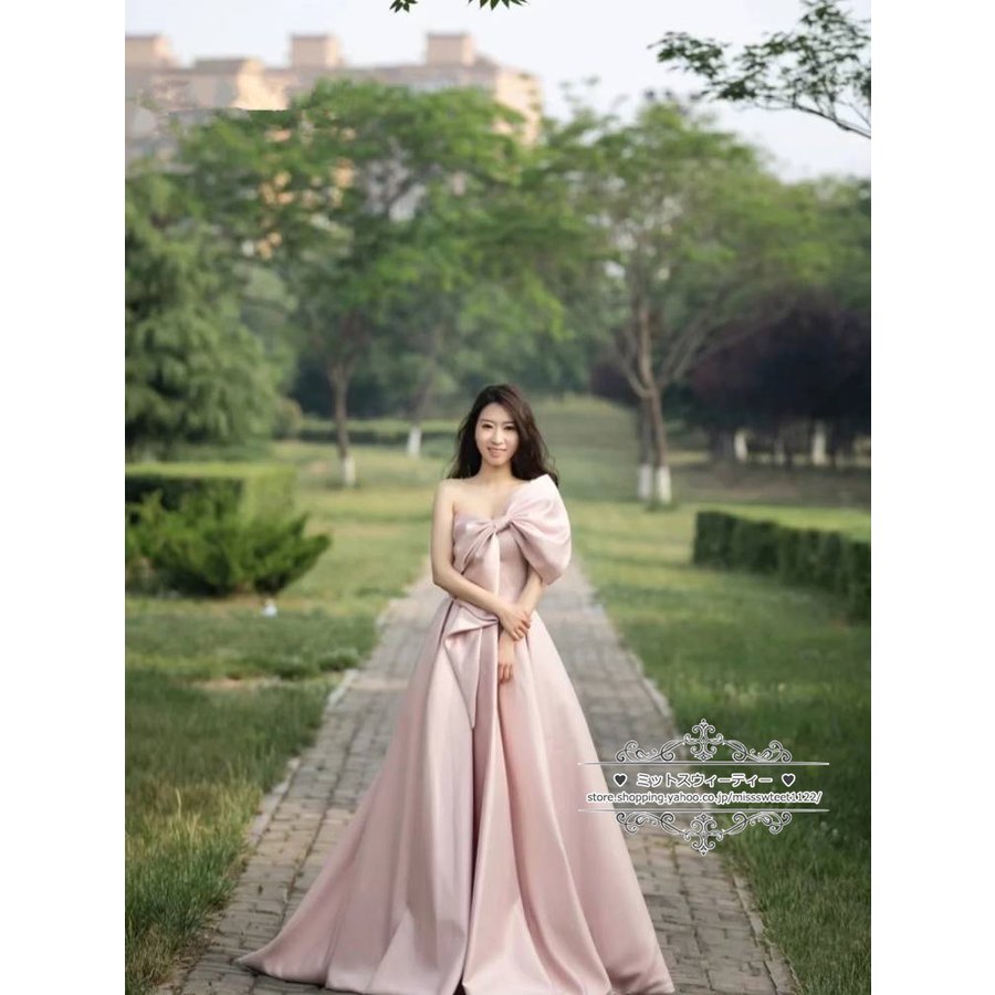 カラードレス 演奏会用ドレス ピンク 大きいリボン ロングドレス ウエディングドレス 発表会 舞台