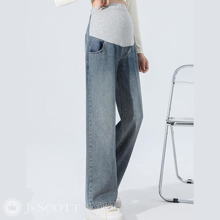 マタニティ ストレートデニム レディース パンツ 産後 ゆったり ウエストゴム アジャスター付き シワなし マタニティパンツ ビッグ 動きやすい デイリーユース 育児(ブルー, M)