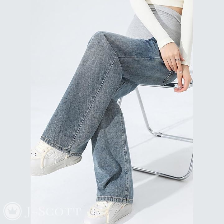 マタニティ ストレートデニム レディース パンツ 産後 ゆったり ウエストゴム アジャスター付き シワなし マタニティパンツ ビッグ 動きやすい デイリーユース 育児(ブルー, M)