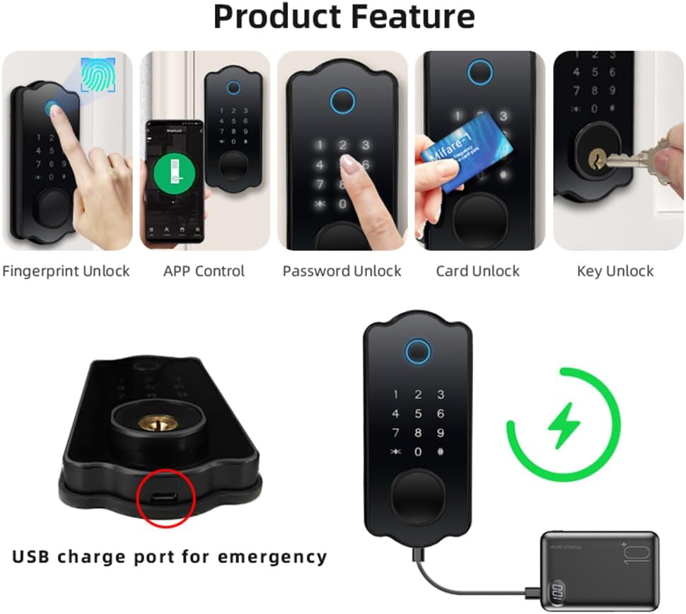 指紋認証ドアロック キーレスエントリー スマートドアロック 防水 オートロック 5 in 1 ICカード 150コード 電子指紋ドアロック ハンドルレバーセット付き フロントドア用 ブラック ハンドル