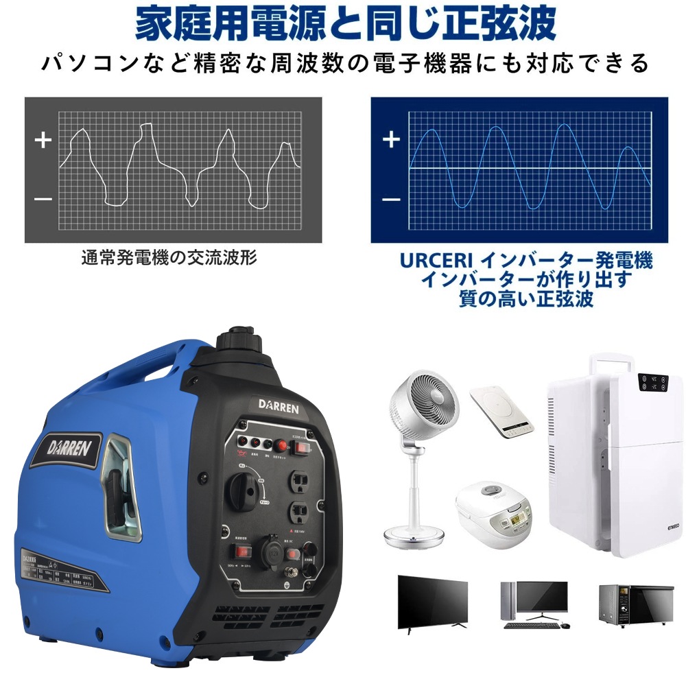 DARREN インバーター 発電機 防音型 正弦波 最大出力2.0Kw 50Hz/60Hz切替 過負荷保護 地震 停電 アウトドアに適用 日本語取扱説明書付き一年間保証