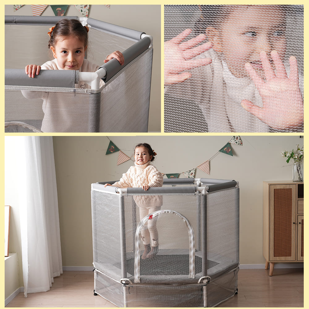 トランポリン 子供用 ベビーサークル 安全ネット付き 安全カバー セーフティネット付き スプリング式 静音 大型 家庭用 室内 スポーツ 遊具 おもちゃ　グレー