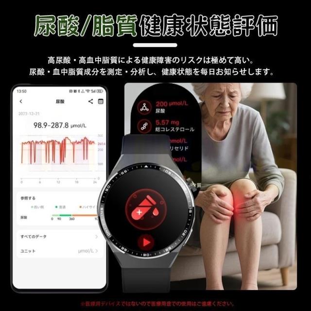 スマートウォッチ ECG心電図測定 丸型 血糖値 血圧測定 血液成分 BMI体組成 尿酸 血中脂質 通話機能付き SOS機能 日本製 1.55インチ大画面 心拍数 体組成 血液組成分析 血中酸素濃度