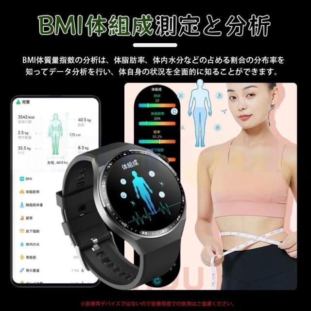 スマートウォッチ ECG心電図測定 丸型 血糖値 血圧測定 血液成分 BMI体組成 尿酸 血中脂質 通話機能付き SOS機能 日本製 1.55インチ大画面 心拍数 体組成 血液組成分析 血中酸素濃度