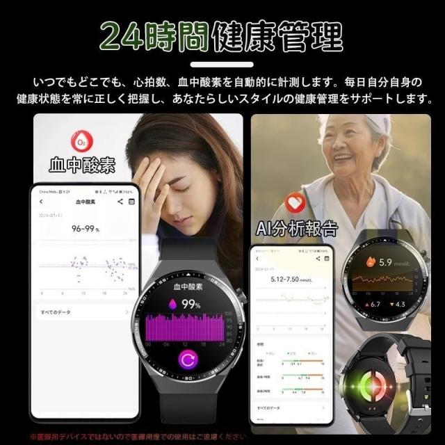 スマートウォッチ ECG心電図測定 丸型 血糖値 血圧測定 血液成分 BMI体組成 尿酸 血中脂質 通話機能付き SOS機能 日本製 1.55インチ大画面 心拍数 体組成 血液組成分析 血中酸素濃度