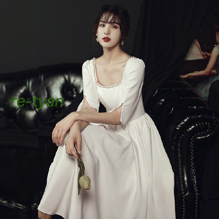 二次会花嫁白ロングワンピースウェディングドレス二次会ブライダルパーティーミモレ丈カジュアル海挙式発表会エンパイア大人きれいめお呼ばれ服