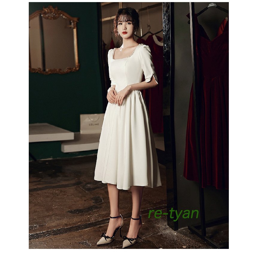 二次会花嫁白ロングワンピースウェディングドレス二次会ブライダルパーティーミモレ丈カジュアル海挙式発表会エンパイア大人きれいめお呼ばれ服