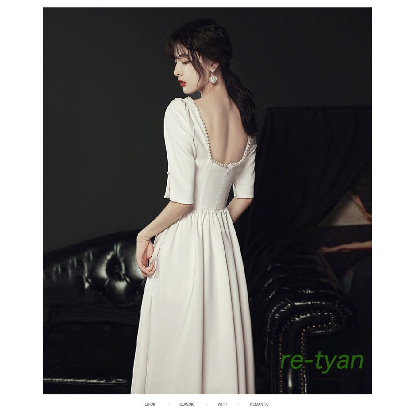 二次会花嫁白ロングワンピースウェディングドレス二次会ブライダルパーティーミモレ丈カジュアル海挙式発表会エンパイア大人きれいめお呼ばれ服