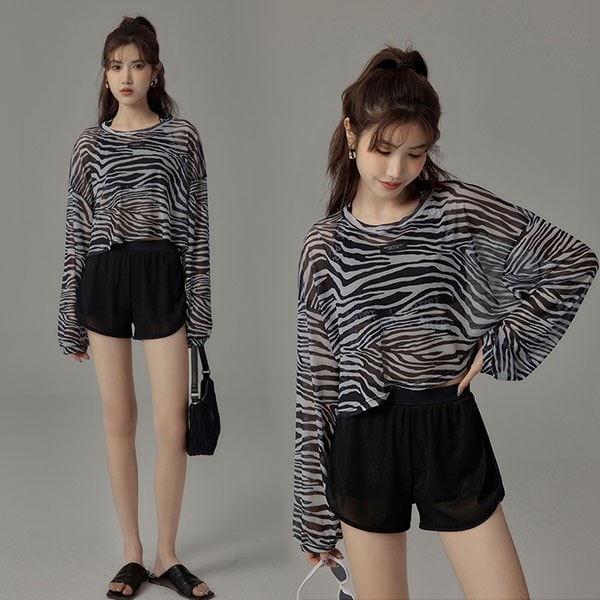 体型カバー ゼブラ柄 長袖 UVカット 大人 お洒落 カジュアル 露出控えめ 水着 レディース タンキニ 3点セット セパレート水着 韓国風 盛れる 着痩せ ブラック 10代 20代 30代 40代