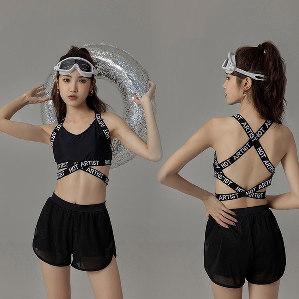 体型カバー ゼブラ柄 長袖 UVカット 大人 お洒落 カジュアル 露出控えめ 水着 レディース タンキニ 3点セット セパレート水着 韓国風 盛れる 着痩せ ブラック 10代 20代 30代 40代