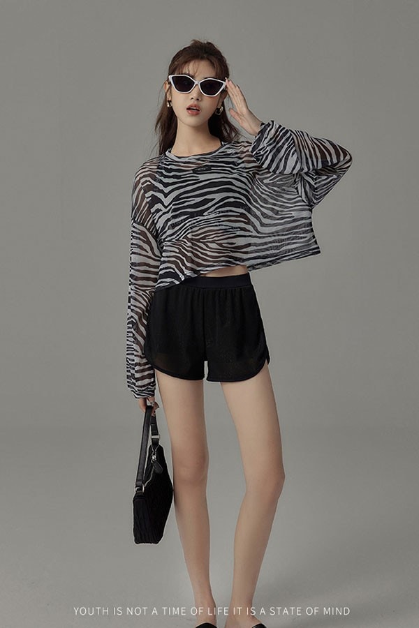 体型カバー ゼブラ柄 長袖 UVカット 大人 お洒落 カジュアル 露出控えめ 水着 レディース タンキニ 3点セット セパレート水着 韓国風 盛れる 着痩せ ブラック 10代 20代 30代 40代