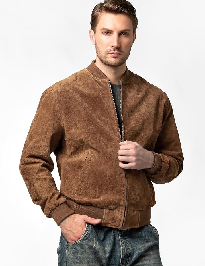 レザージャケット メンズ 本革豚革 野球 フライトジャケット バイクライダースジャケット 革ジャン アウター カジュアル 春秋冬(ブラウン, XL)