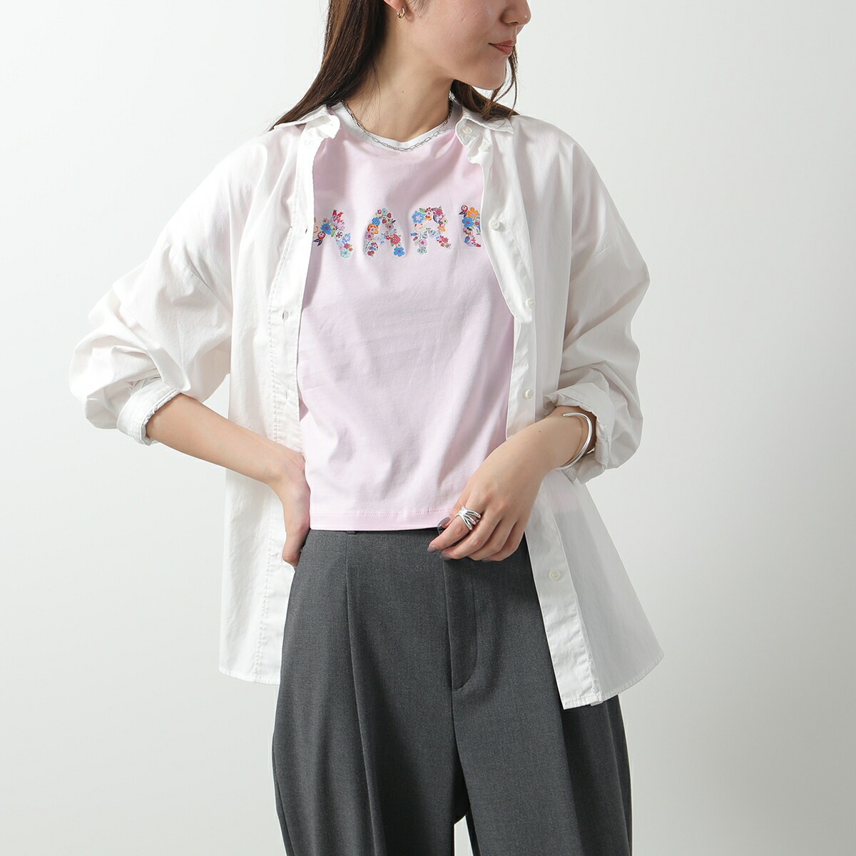 MARNI KIDS マルニ キッズ リンガーTシャツ M01428 M00HZ レディース ガールズ 半袖 フラワーロゴ 花 プリント クルーネック カラー2色