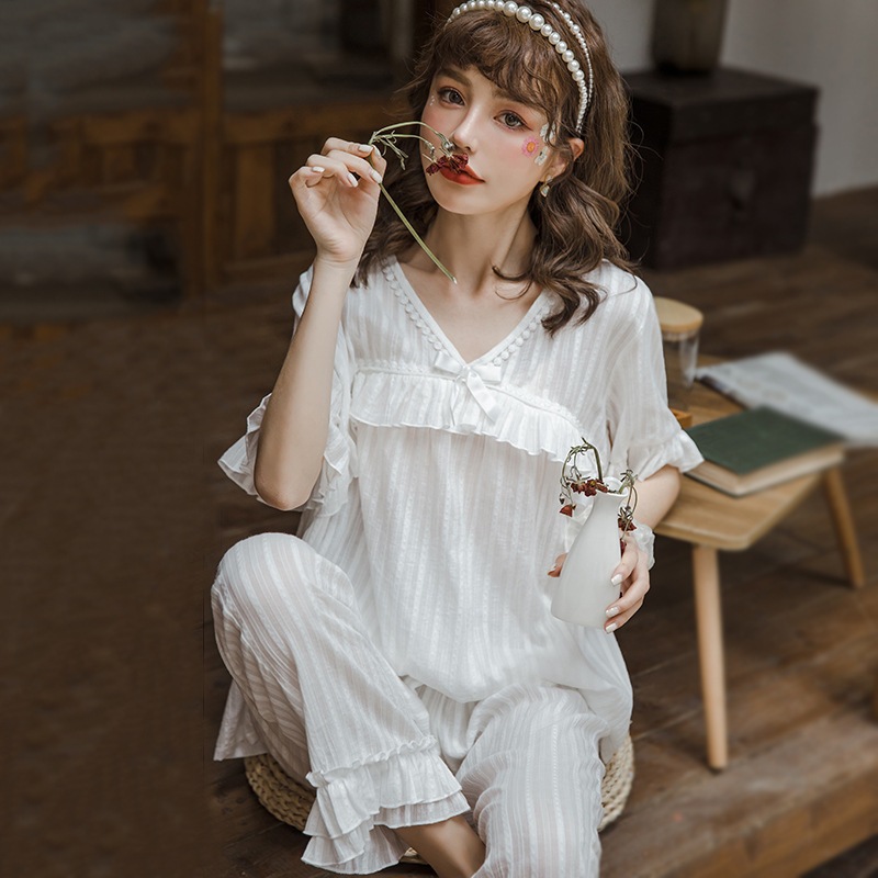 【日本未発売/送料無料】マタニティ パジャマ Vネック 胸元リボン ポンポン フリル 半袖