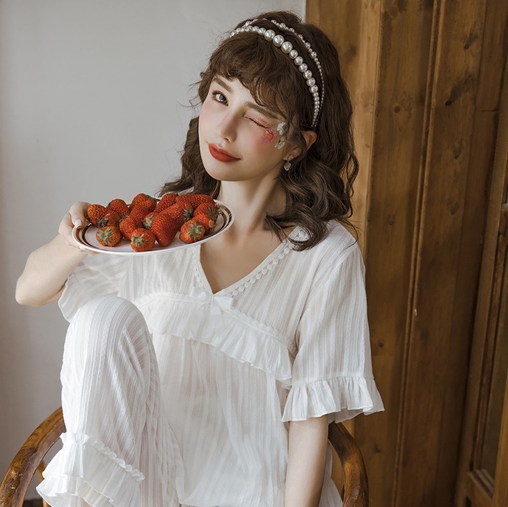 【日本未発売/送料無料】マタニティ パジャマ Vネック 胸元リボン ポンポン フリル 半袖