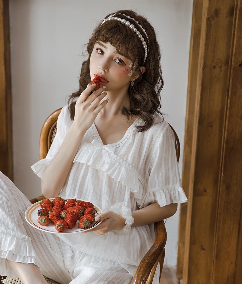 【日本未発売/送料無料】マタニティ パジャマ Vネック 胸元リボン ポンポン フリル 半袖