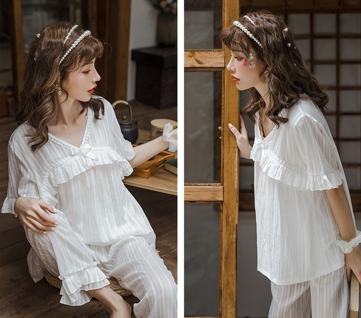 【日本未発売/送料無料】マタニティ パジャマ Vネック 胸元リボン ポンポン フリル 半袖