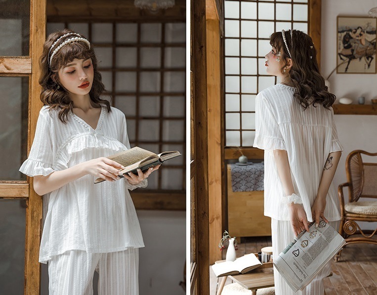 【日本未発売/送料無料】マタニティ パジャマ Vネック 胸元リボン ポンポン フリル 半袖