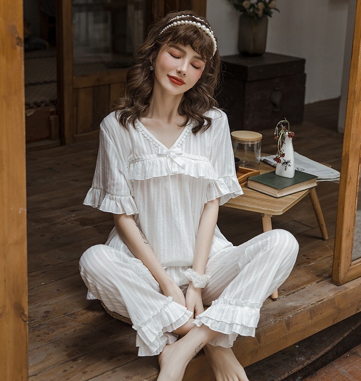 【日本未発売/送料無料】マタニティ パジャマ Vネック 胸元リボン ポンポン フリル 半袖