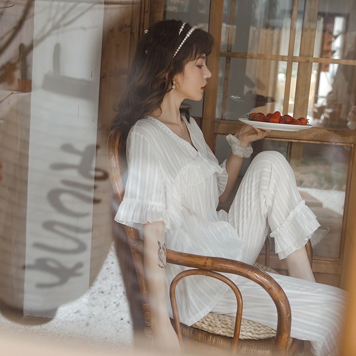 【日本未発売/送料無料】マタニティ パジャマ Vネック 胸元リボン ポンポン フリル 半袖