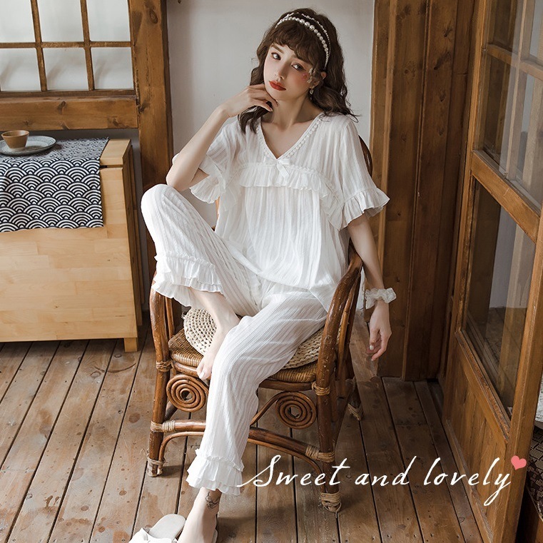 【日本未発売/送料無料】マタニティ パジャマ Vネック 胸元リボン ポンポン フリル 半袖