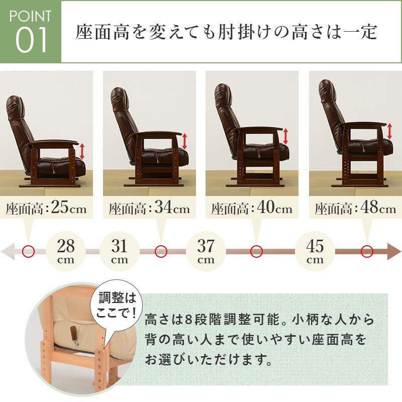 高座椅子 座椅子 ベージュ 無段階リクライニング 頭部14段階角度調整 高さ調整 肘付き座椅子 座イス ハイバック 1人掛けソファー ロータイプ 椅子 イス