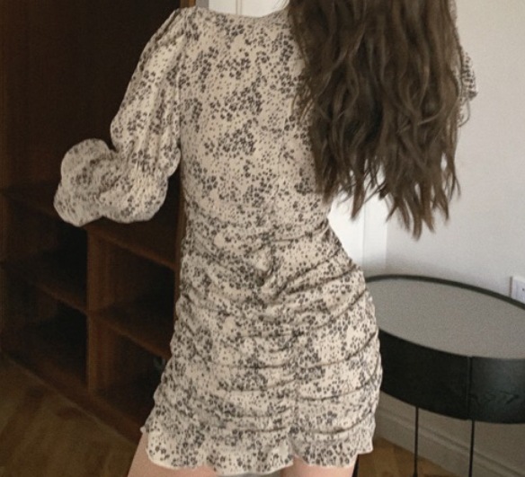 花柄シフォンミニ丈ワンピース ワンピース ミニ丈 長袖 ハイネック スリム タイト 細身 花柄シフォンミニ丈ワンピース ワンピース ミニ丈 長袖 ハイネック スリム タイト 細身