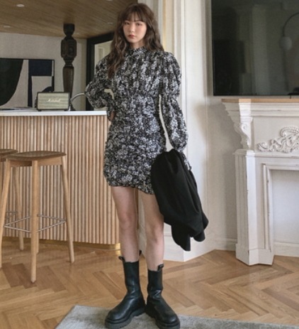 花柄シフォンミニ丈ワンピース ワンピース ミニ丈 長袖 ハイネック スリム タイト 細身 花柄シフォンミニ丈ワンピース ワンピース ミニ丈 長袖 ハイネック スリム タイト 細身