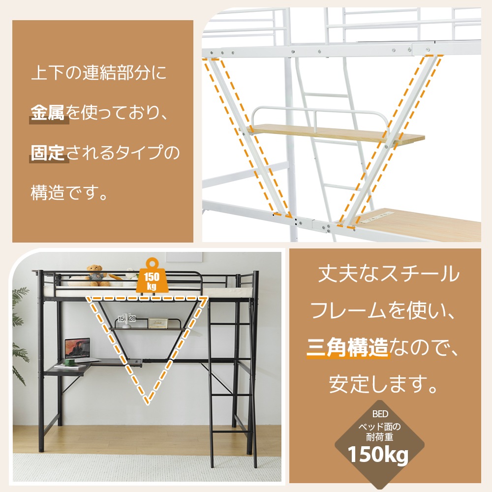 【国内発送.送.料.無.料！】【ホワイト】システムベット 宮棚　ロフトベッド シングル コンセント付き デスク付き 収納付き ラック棚付き 北欧風 二段ベッド 大人用　二段ベッド スチール 耐震
