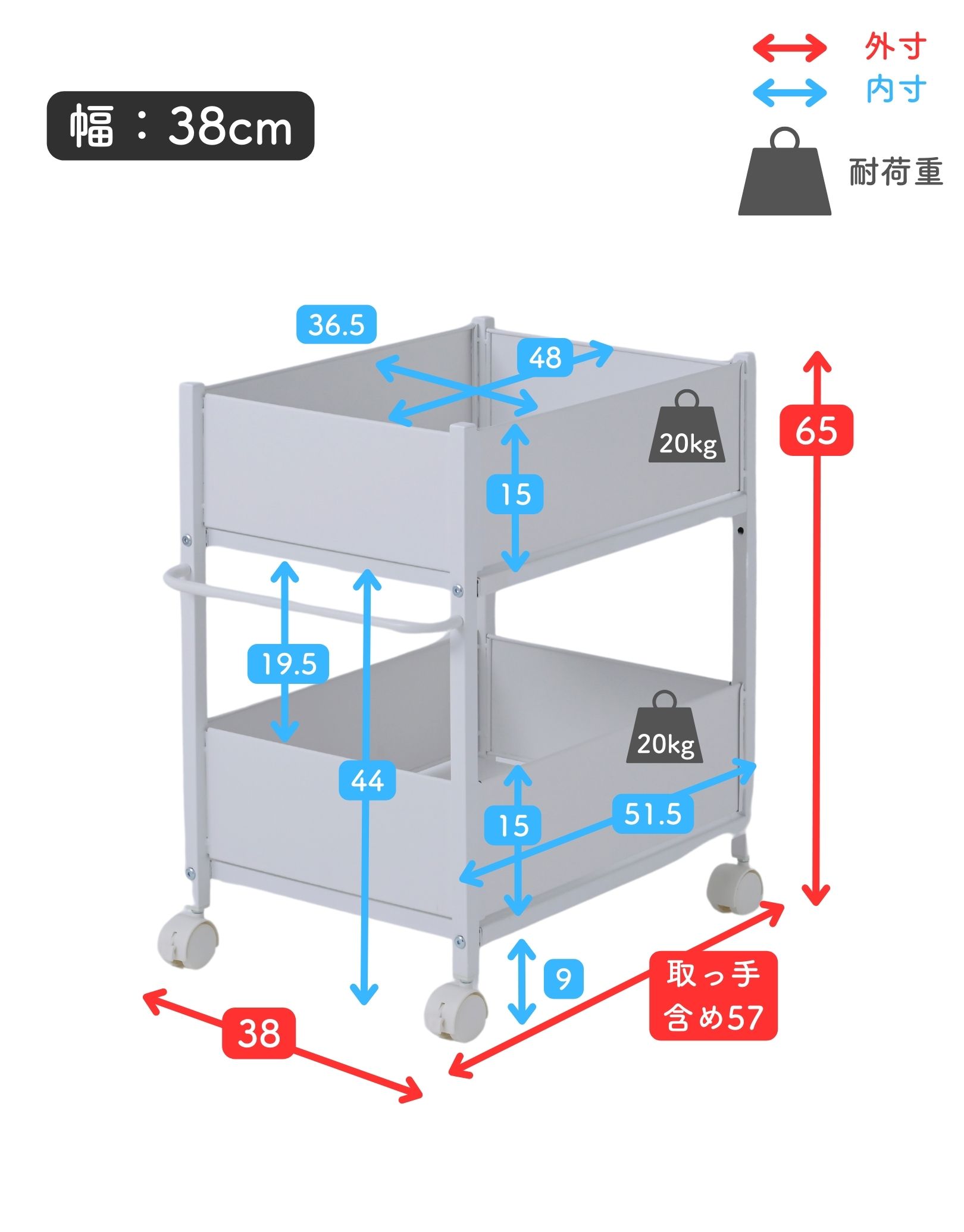 頑丈 収納ラック キャスター付き 奥行き57 高さ65 幅38cm