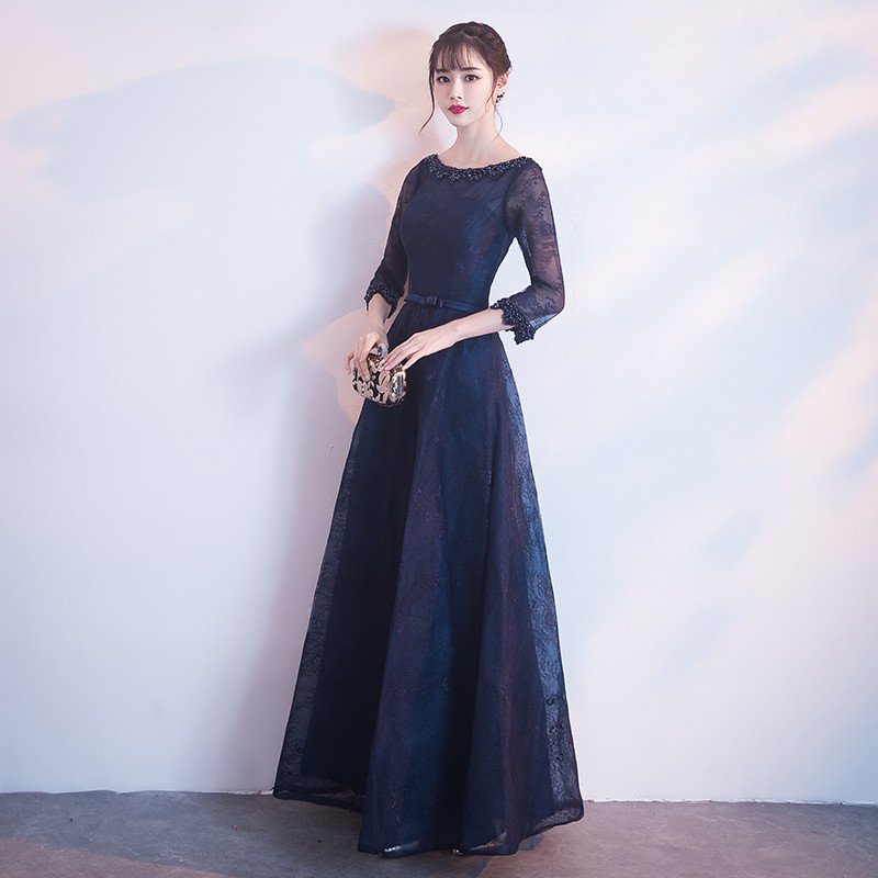 カラードレス 青 ロング 演奏会 格安 フォーマルドレス 袖あり 結婚式 パーティードレス 二次会 花嫁 ロングドレス ブライズメイドドレス サッシュリボン
