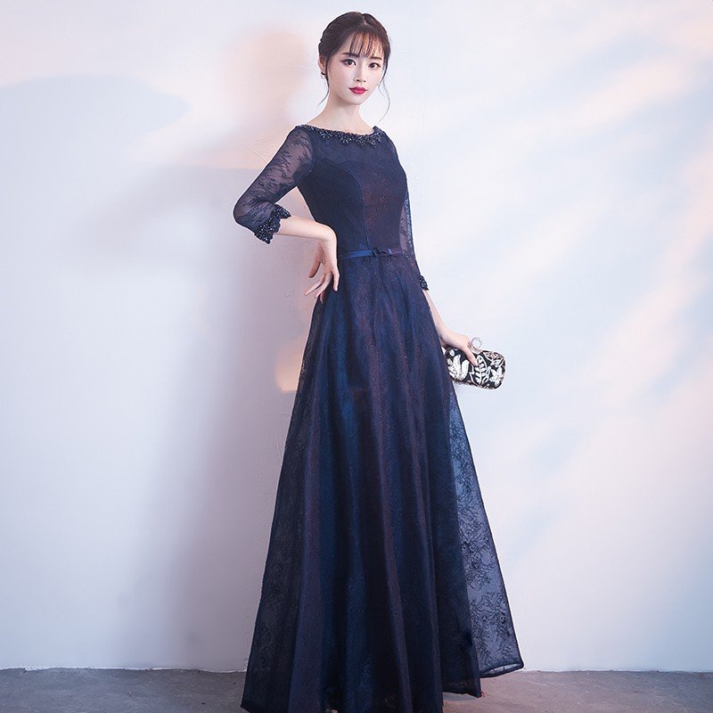 カラードレス 青 ロング 演奏会 格安 フォーマルドレス 袖あり 結婚式 パーティードレス 二次会 花嫁 ロングドレス ブライズメイドドレス サッシュリボン