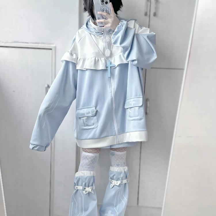猫耳 パーカー 水色 地雷系 サブカル ジャージ 3点セット レディース メンズ フリルジャケット ブルゾン ハーフパンツ レッグウォーマー 長袖 上下セット 服 サブカル地雷 天使界隈 天使 水色界 猫耳 パーカー 水色 地雷系 サブカル ジャージ 3点セット レディース メンズ フリルジャケット ブルゾン ハーフパンツ レッグウォーマー 長袖 上下セット 服 サブカル地雷 天使界隈 天使 水色界