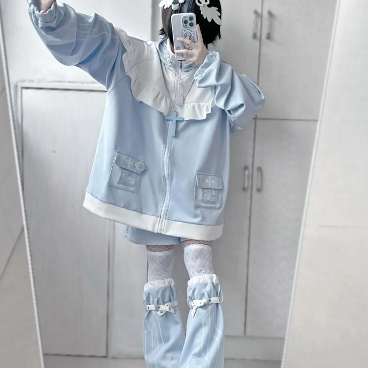 猫耳 パーカー 水色 地雷系 サブカル ジャージ 3点セット レディース メンズ フリルジャケット ブルゾン ハーフパンツ レッグウォーマー 長袖 上下セット 服 サブカル地雷 天使界隈 天使 水色界 猫耳 パーカー 水色 地雷系 サブカル ジャージ 3点セット レディース メンズ フリルジャケット ブルゾン ハーフパンツ レッグウォーマー 長袖 上下セット 服 サブカル地雷 天使界隈 天使 水色界