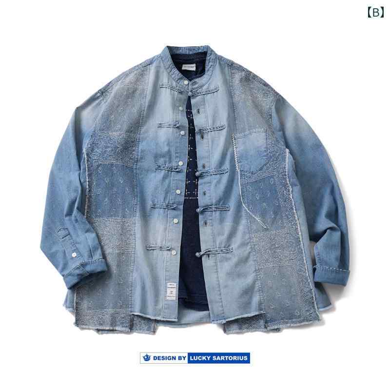 デニム シャツ ジャケット 半袖 メンズ レディース トップス 春夏 カジュアル スタンドカラー 青 デニム シャツ ジャケット 半袖 メンズ レディース トップス 春夏 カジュアル スタンドカラー 青