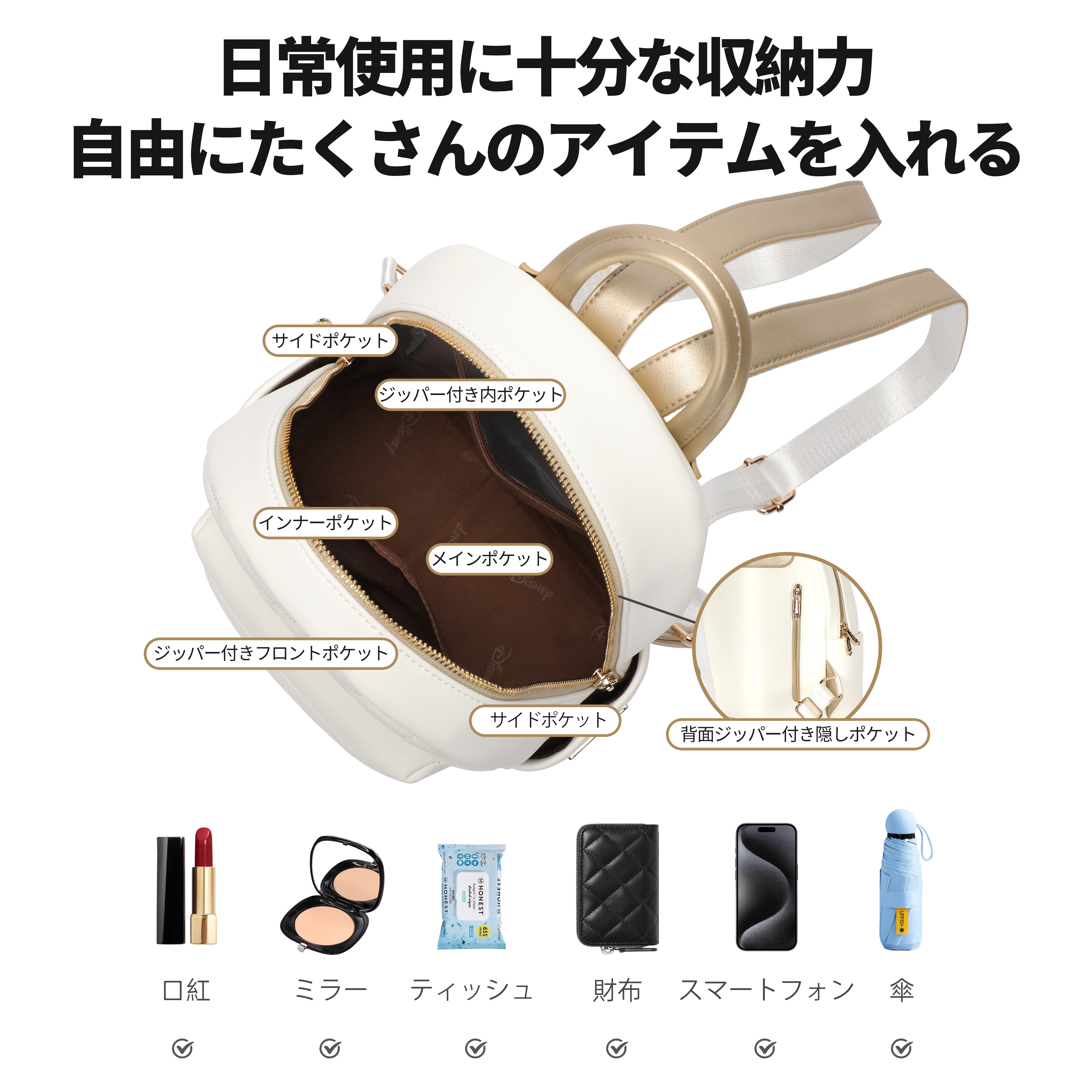 正規ライセンス ミッキー リュックサック キルティング レディース 通勤通学にも ホワイト